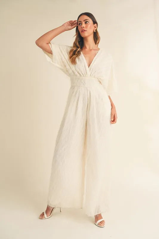 Fluffy Deep V Neck Wide Leg Jumpsuit