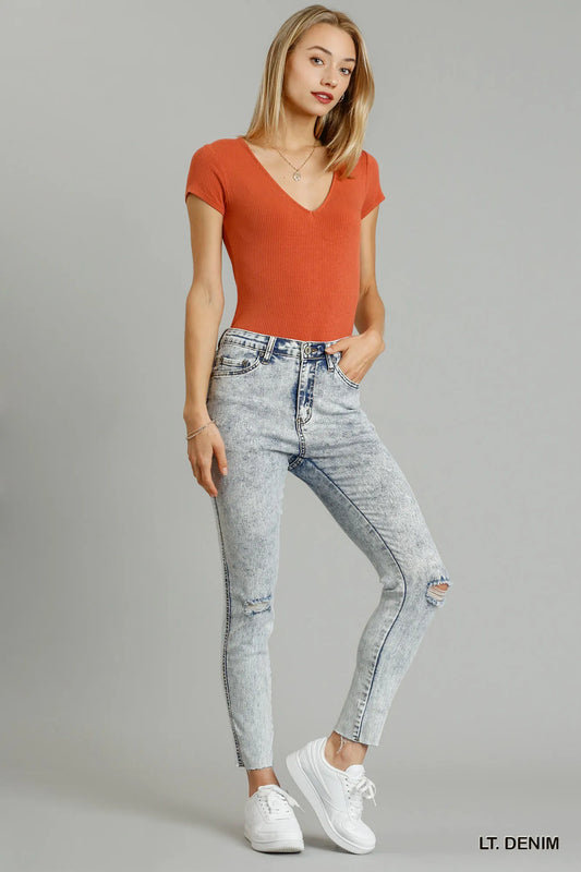 5-Pocket Stretch Denim Skinny Jeans with Raw Distressed Finish