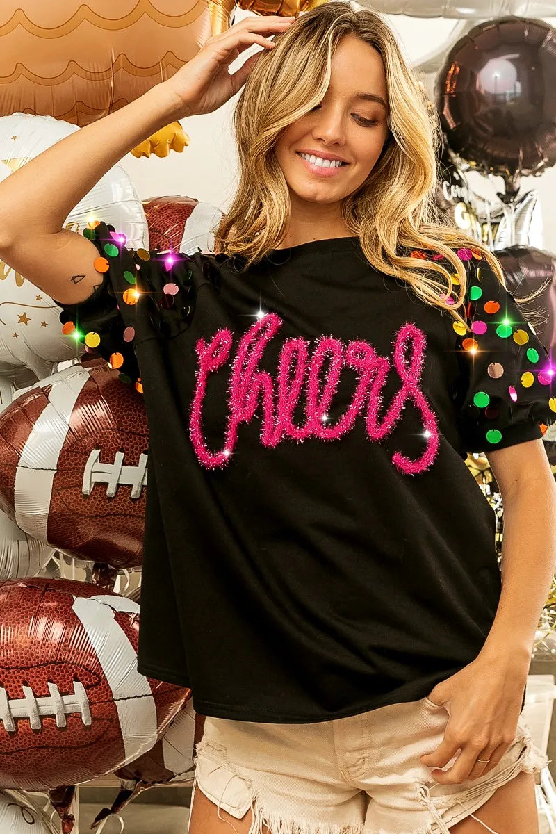 Metallic Letter Sequin Raglan Puff Sleeve Top