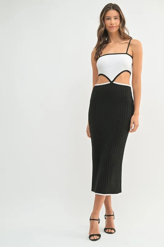 Ribbed Knit Color Block Cutout Midi Dress