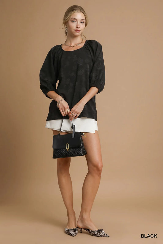 Jacquard Floral Blouse with Balloon Sleeves