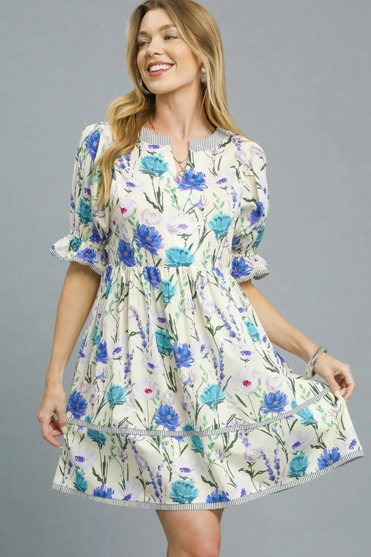 Botanical Charm A-Line Puff Sleeve Dress