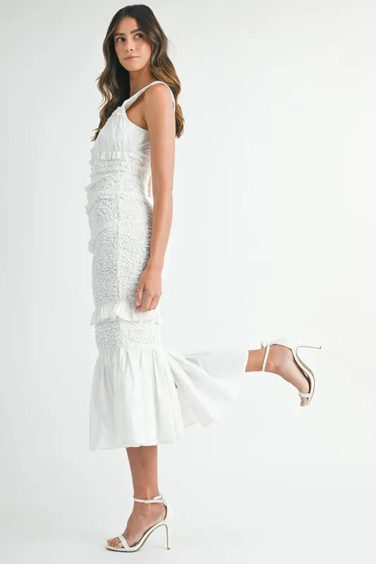 Ruffled Popcorn Smocked Mermaid Midi Dress