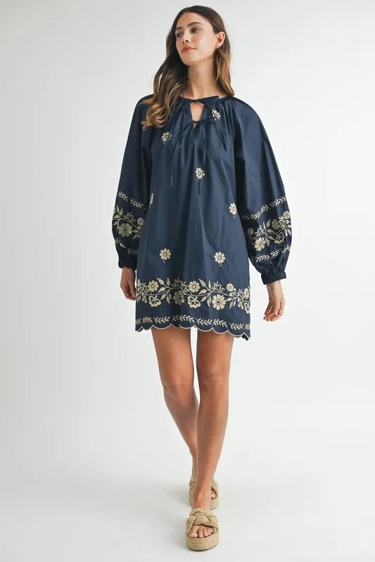 Embroidered Long Sleeve Peasant Mini Dress