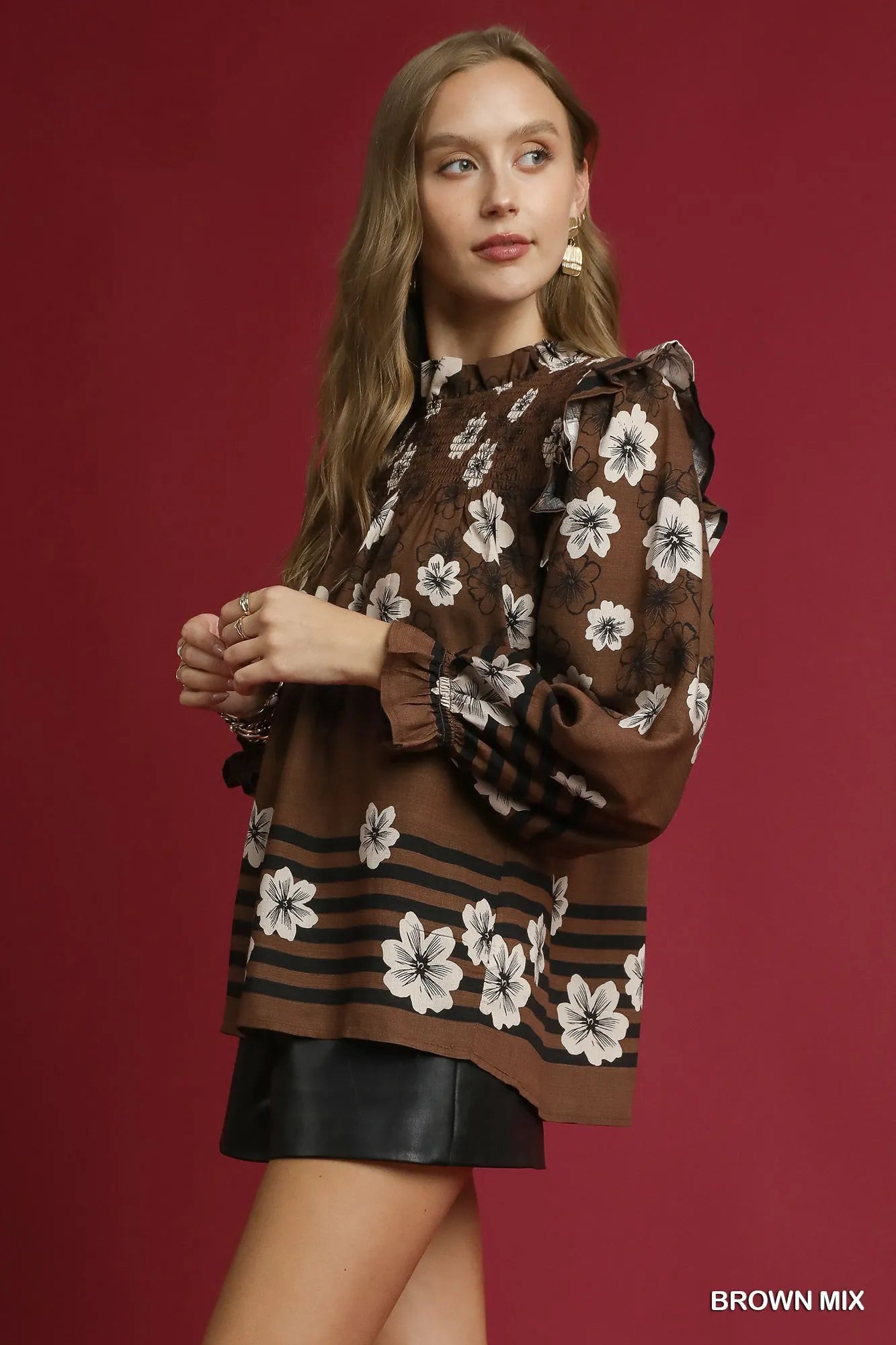 Smocked Ruffle Floral Mix Full Size Blouse