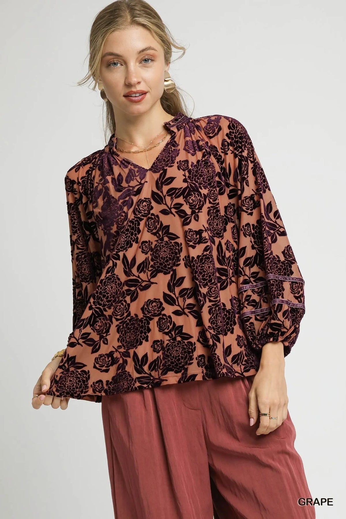 Velvet Floral Blouse with Balloon Sleeves