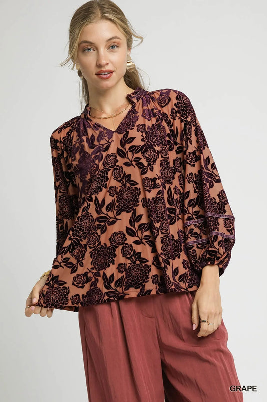 Velvet Floral Blouse with Balloon Sleeves