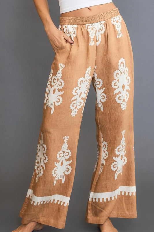 Full Size Border Print Wide Leg Pants Plus Size