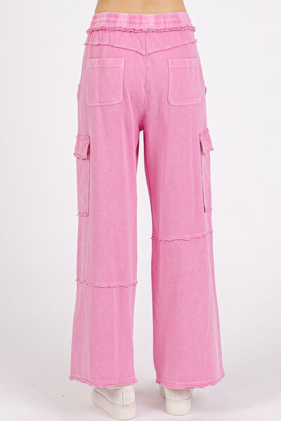 Mittoshop Mineral Wash Elastic Waist Cargo Wide Leg Pants