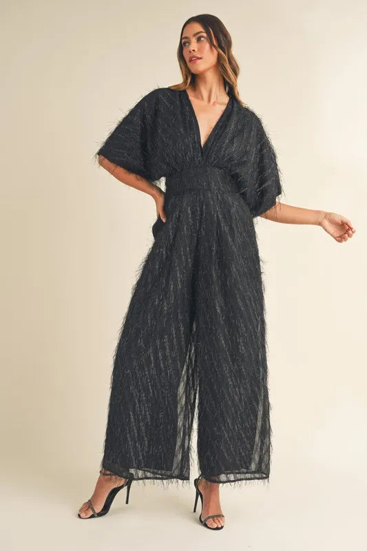 Fluffy Deep V Neck Wide Leg Jumpsuit
