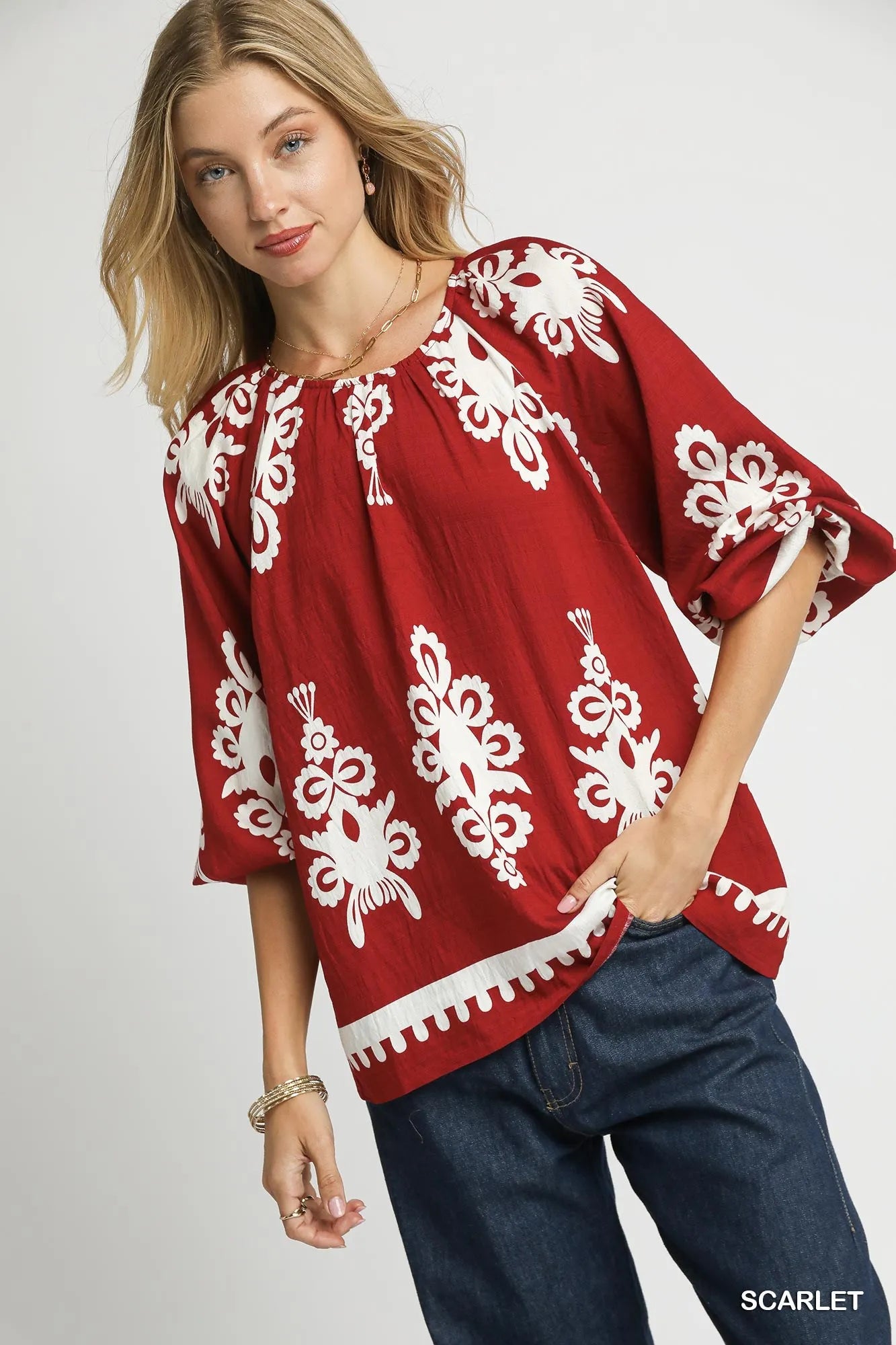 Border Print Top with Accent Balloon Sleeves