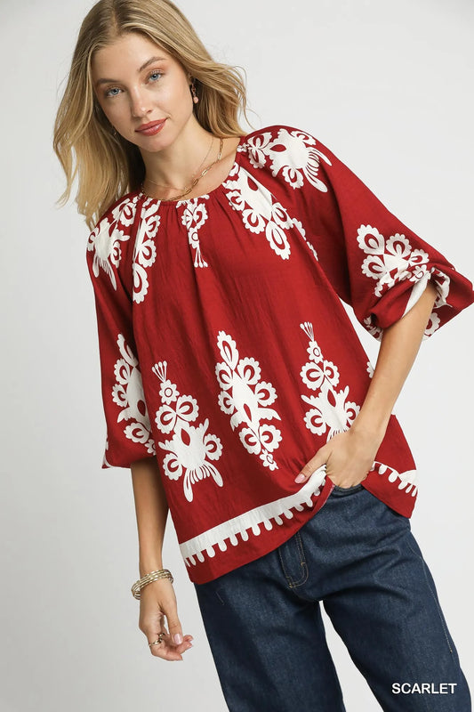 Border Print Top with Accent Balloon Sleeves
