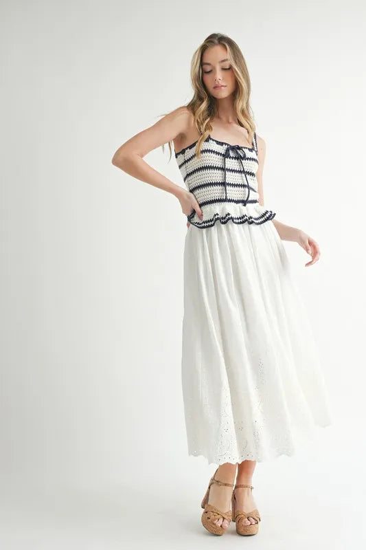 Crochet Stripe Knit Eyelet Mix Midi Dress