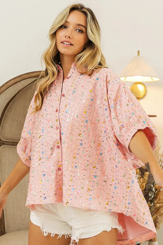 Sequin Striped Short Dolman Sleeve Blouse