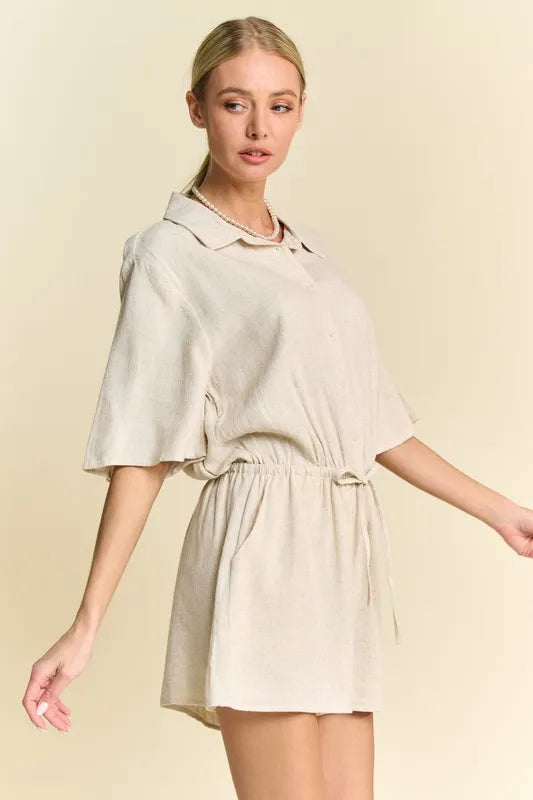 Drawstring Waist Button-Down Shirt Romper