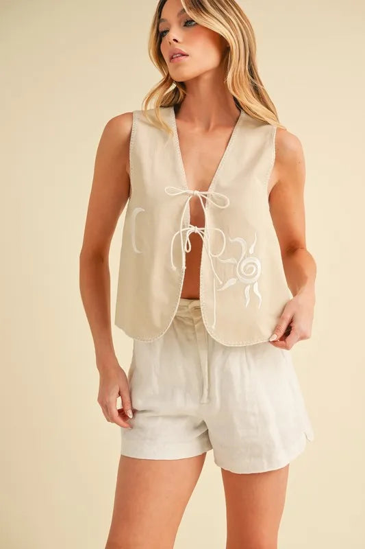 Embroidered Tied Front Vest Coat