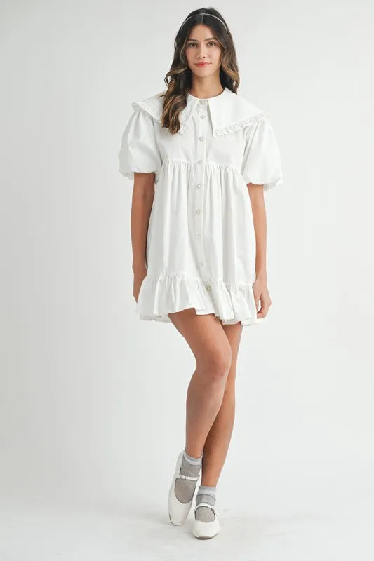 Ruffled Hem Peter Pan Collar Button Down Mini Dress