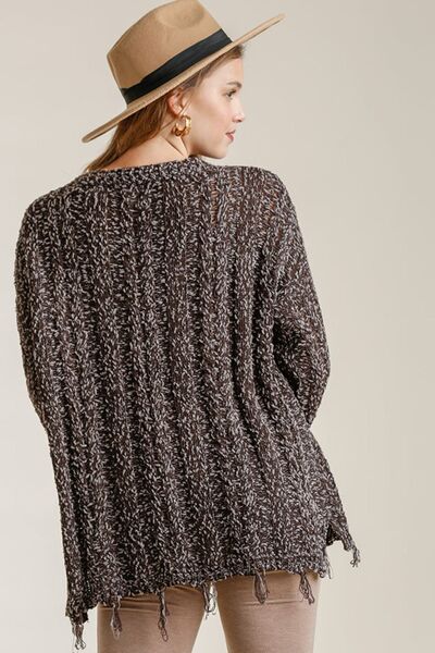 Full Size Frayed Hem Cable Knit Round Neck Sweater Plus Size