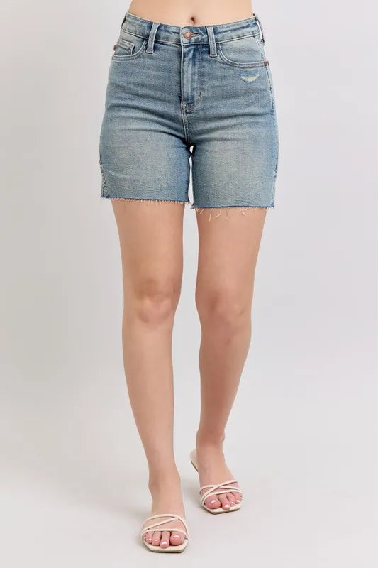 High Waist Vintage Wash Side Slit Denim Shorts