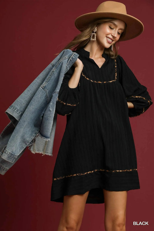 Textured Babydoll Dress with Leopard Accent