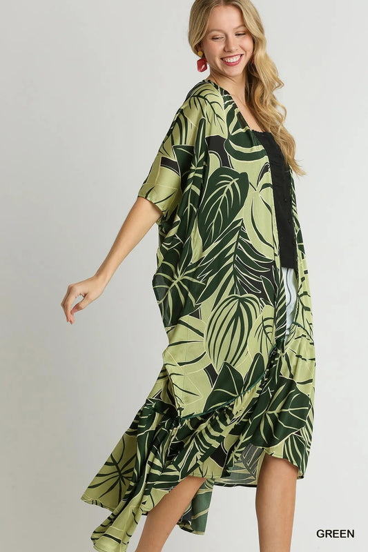 Satin Tropical Flora Open Front Kimono with Ruffle Accents