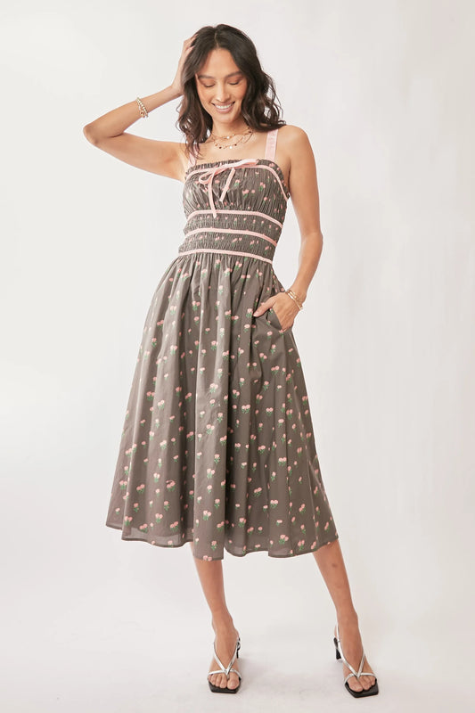 Contrast Velvet Tape Smocking Bodice Midi Dress