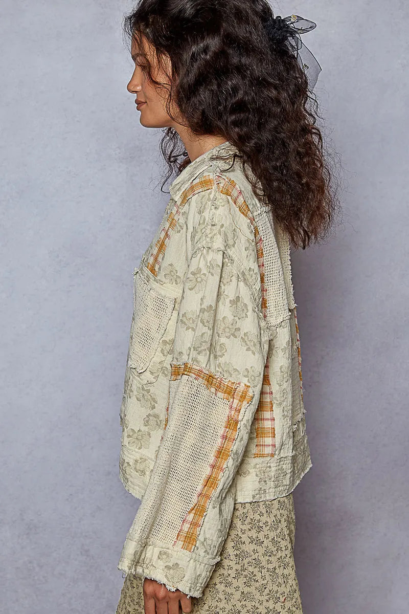 Raw Edge Floral Zip Jacket with Plaid Crochet Accents