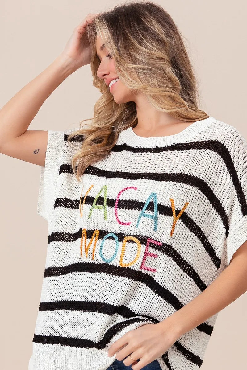 Vacay Mode Lettering Drop Shoulder Striped Sweater