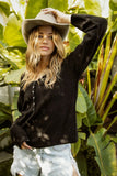 Button-Accent V-Neck Sweater with Distressed Design
