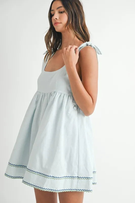 Zig Zag Embroidered Shoulder Tie Mini Dress
