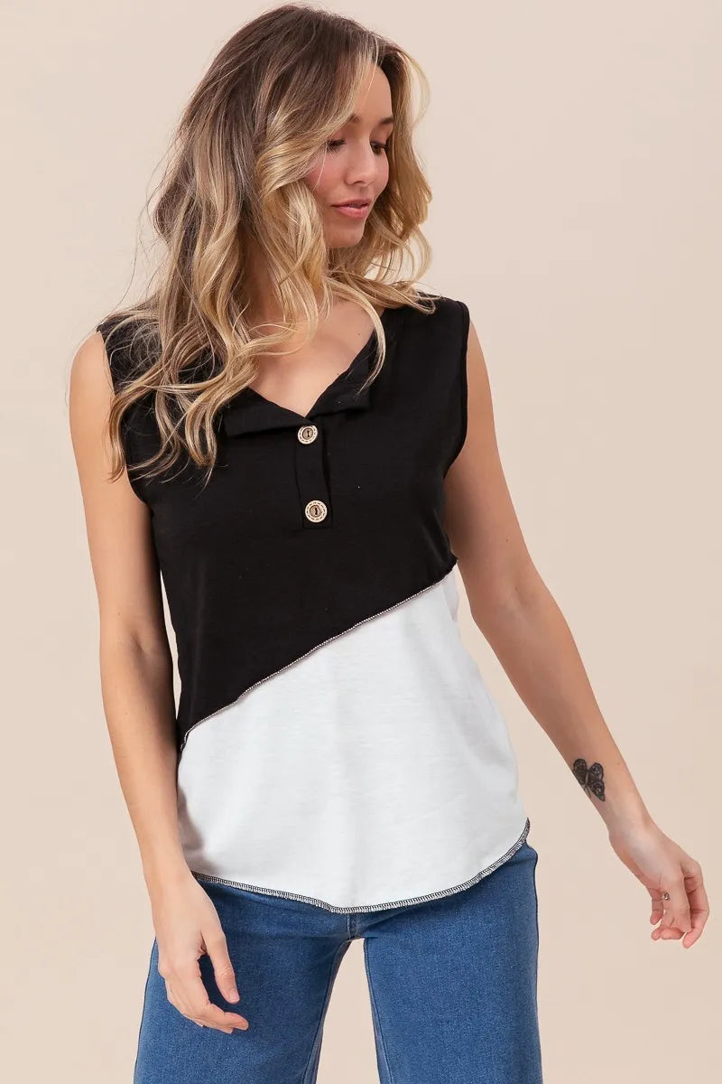 Color Block Contrast Stitching Buttoned Henley Top