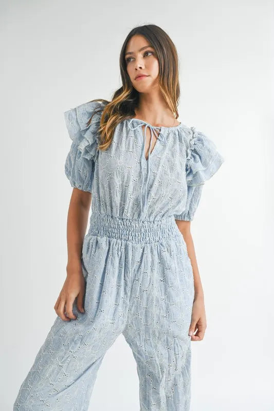 Eyelet Lace Ruffle Shoulder Jumpsuit
