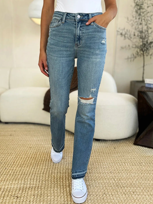 Full Size Edgy Mid Rise Distressed Hem Jeans