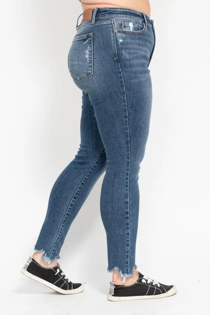 Plus Size High Waist Skinny with Destroy & Shark Bit Hem
