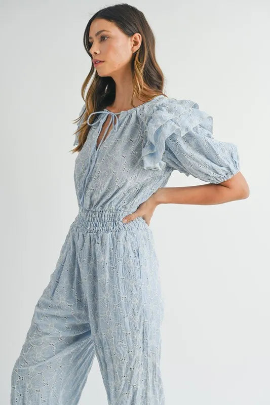Eyelet Lace Ruffle Shoulder Jumpsuit