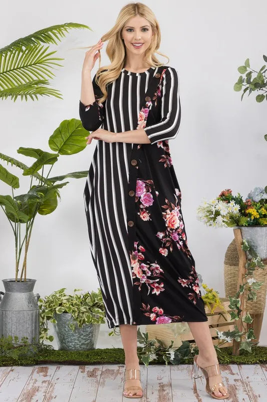 Full Size Stripe Floral Contrast Midi-Dress with Buttons Plus Size