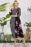 Full Size Stripe Floral Contrast Midi-Dress with Buttons Plus Size