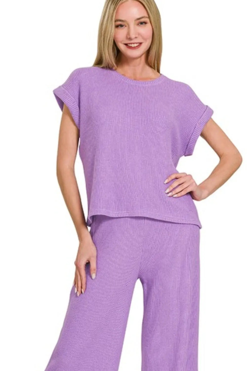 Rolled Sleeve Top and Pants Sweater Set