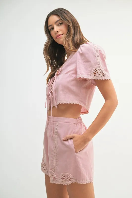 Crochet Lace Detail Crop Top and Shorts Set