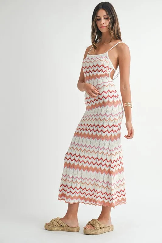 Lightweight Pointelle Chevron Knit Maxi Dress