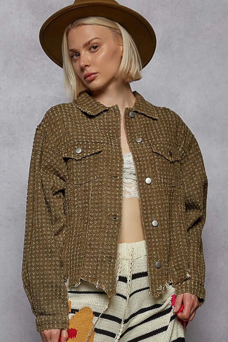 Textured Button Front Jacket with Dual Flap Pockets