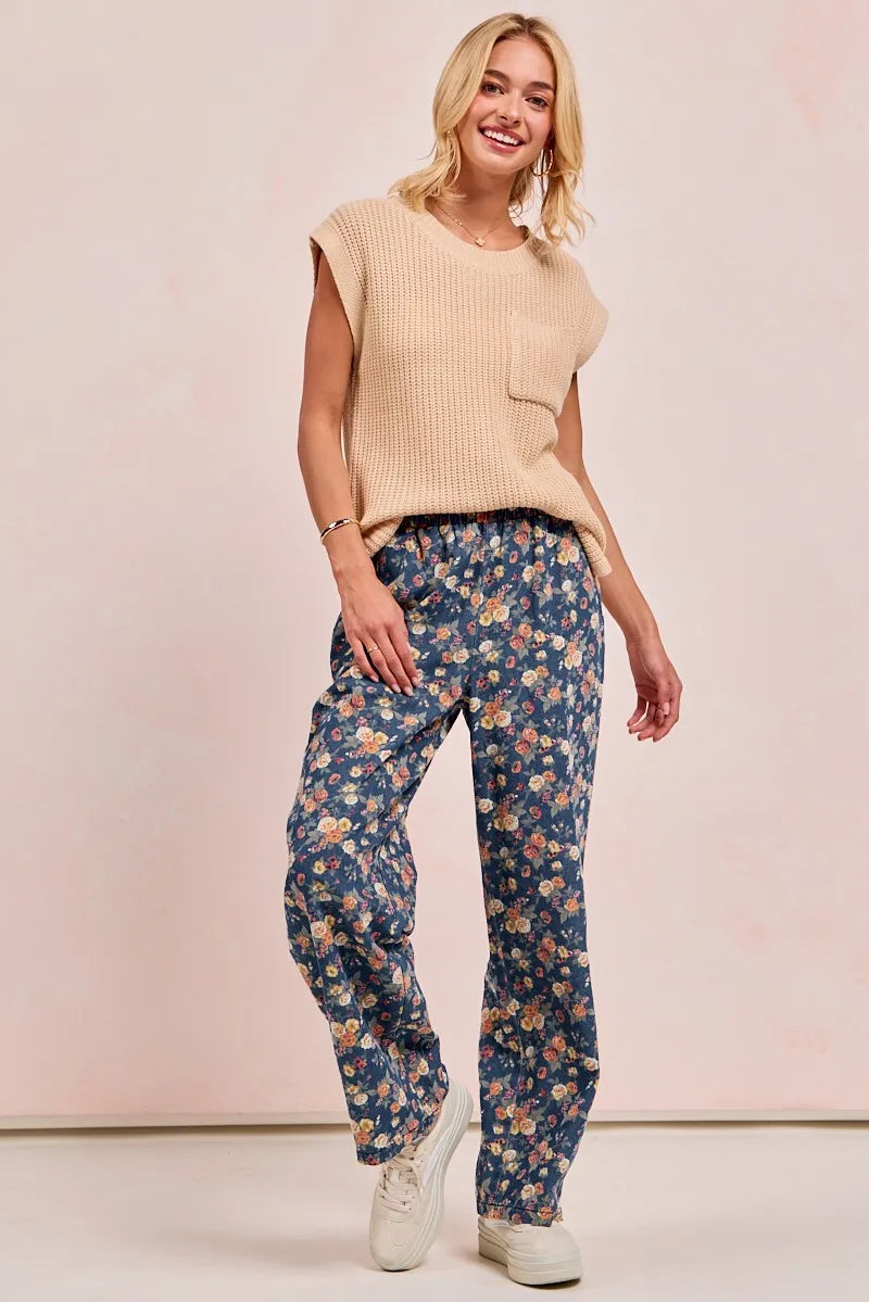 Vintage Bohemian Floral Wide-Leg Denim Jeans