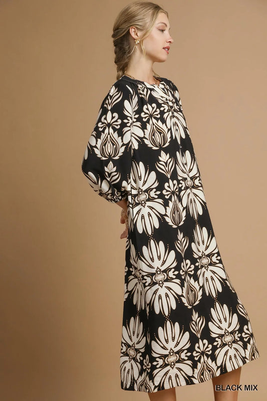 Abstract Floral Pattern Midi Dress