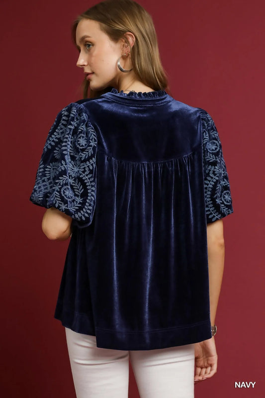 Velvet Blouse with Intricately Embroidered Sleeves