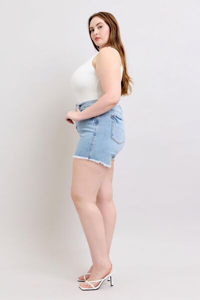 Full Size Tummy Control Raw Hem Denim Shorts Plus Size