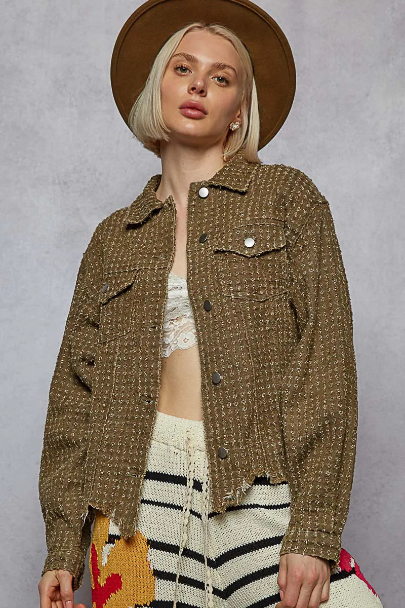 Textured Button Front Jacket with Dual Flap Pockets