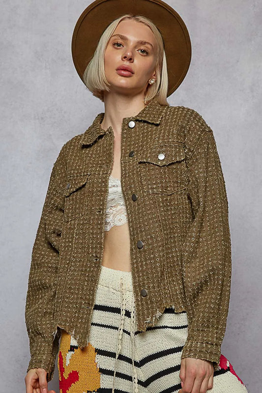 Textured Button Front Jacket with Dual Flap Pockets