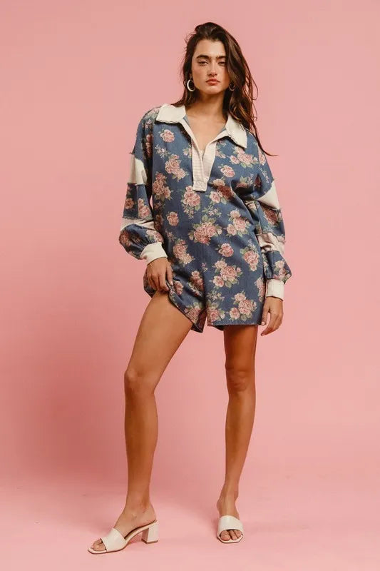 Washed Floral Denim Romper With Contrast Collar