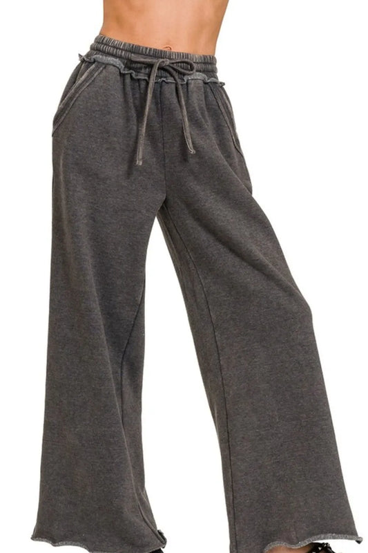 Acid Wash Fleece Palazzo Sweatpants with Pockets