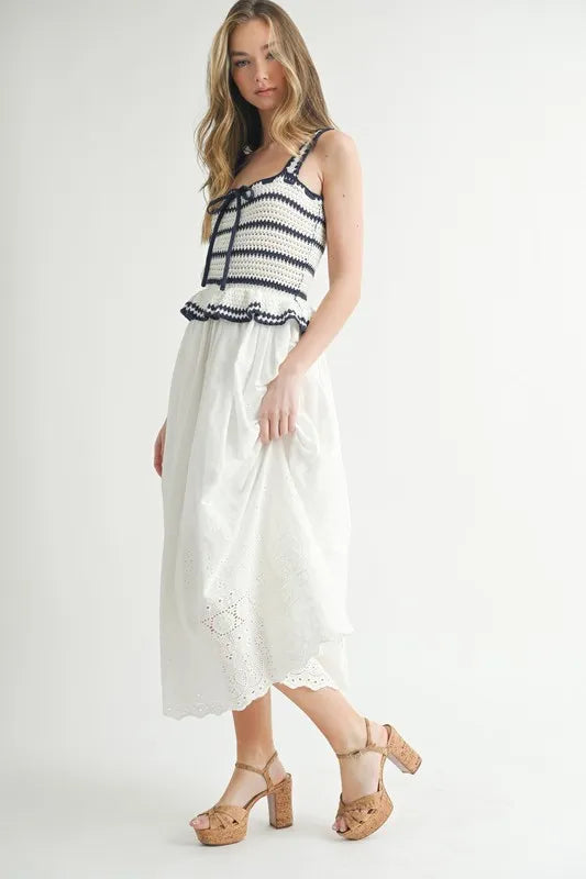 Crochet Stripe Knit Eyelet Mix Midi Dress